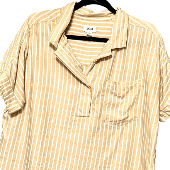 Pact Organic Cotton Tan White Striped Boxy Pullover Collared Blouse Top - Picture 3 of 11